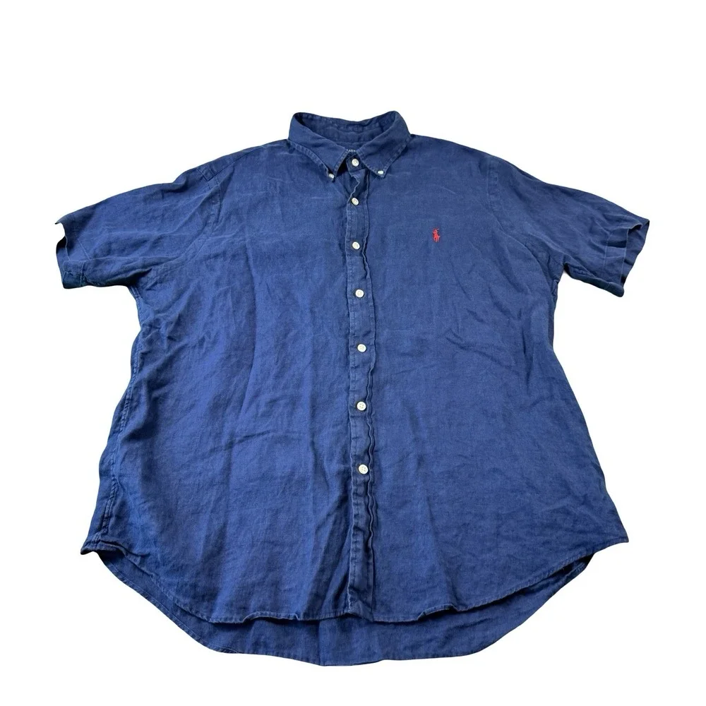 Polo Ralph Lauren Navy Red Pony Logo Pure Linen Mens S/S Button Down Size XL